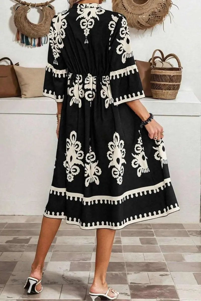 Black Western Geometric Print 3/4 Sleeve Loose Midi Dress - Love Salve